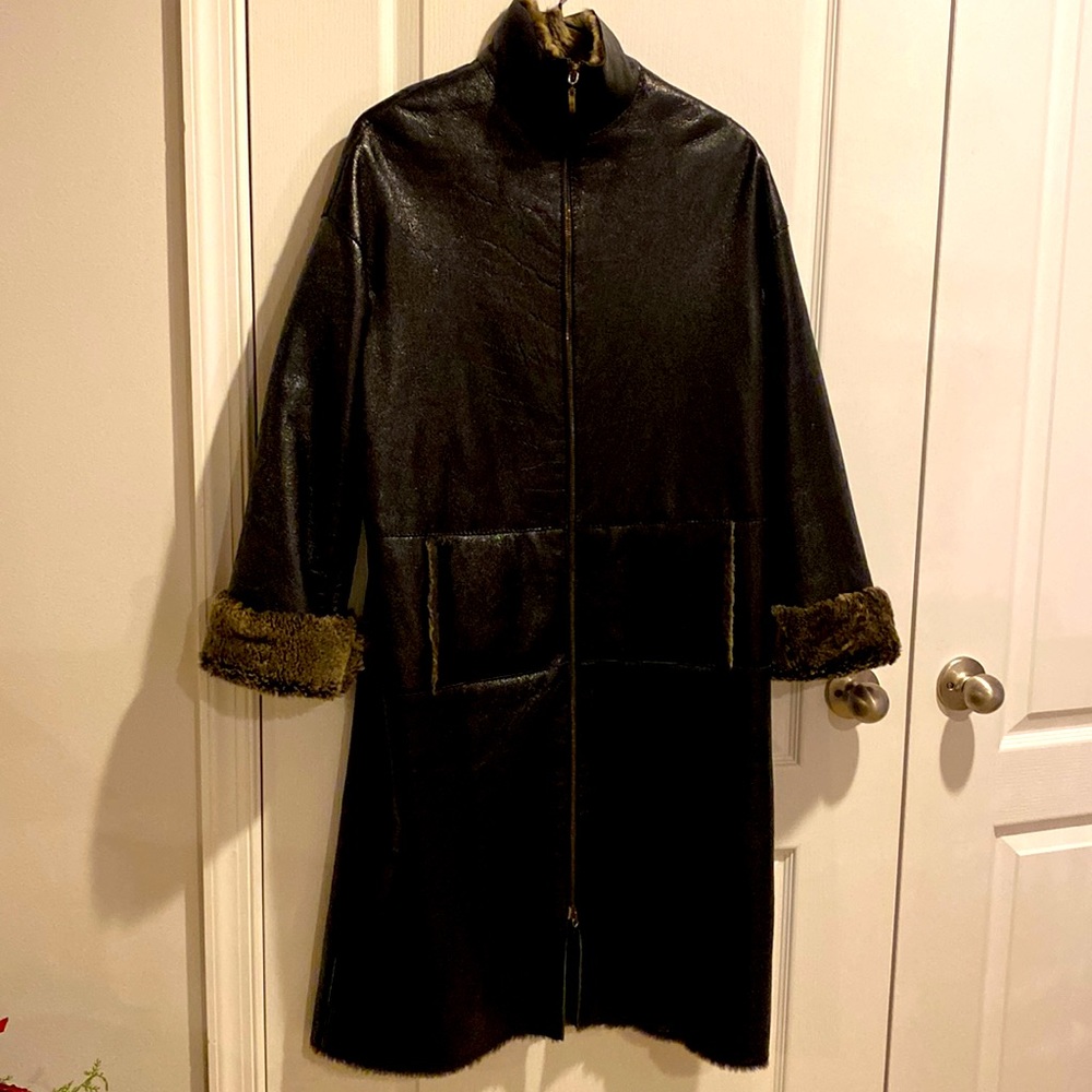 Custom leather and shearling long coat size small
